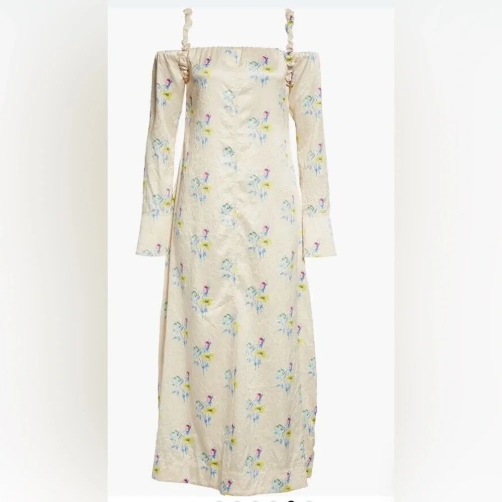 NWT GANNI - Ganni Floral Off the Shoulder Long Sleeve Crinkled Satin Maxi Dress - Picture 8 of 9